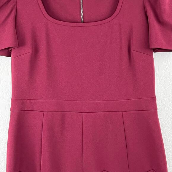Karl Lagerfeld Crepe Square Neck Short Sleeve Pleated Mini Dress Maroon 10 NWT - Picture 6 of 13